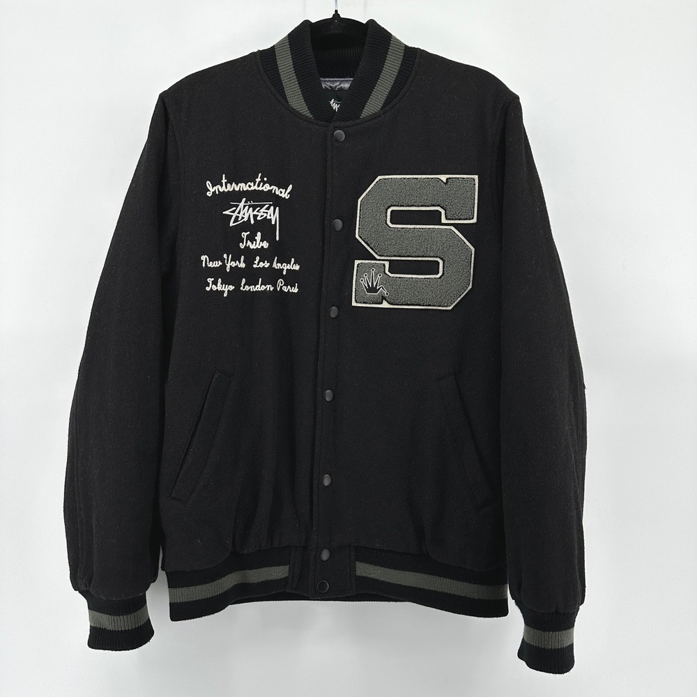 Stussy International Tribe Varsity Jacket Black Wool Blend Mens Medium S Patch